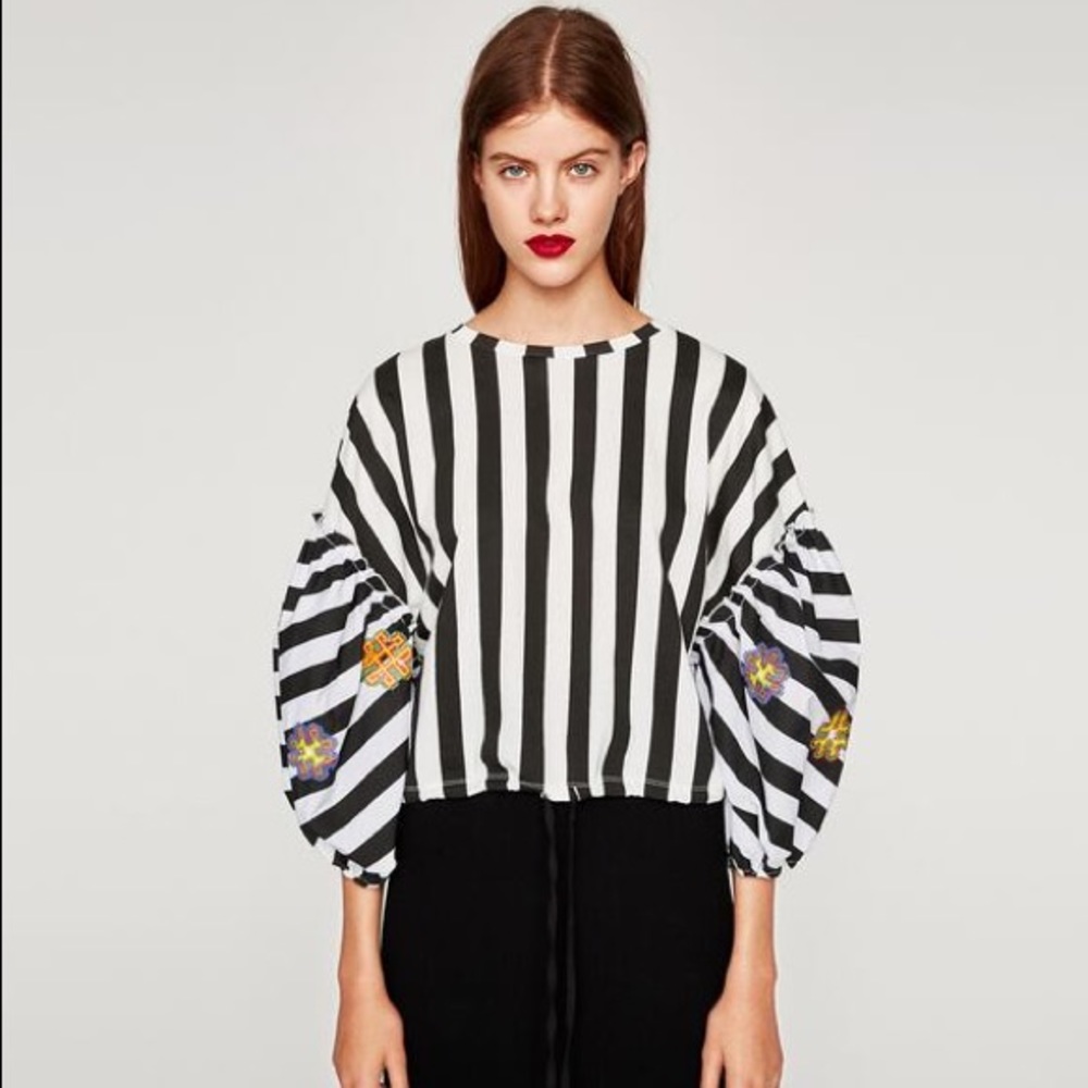 New Zara stripped top with embroidery.
